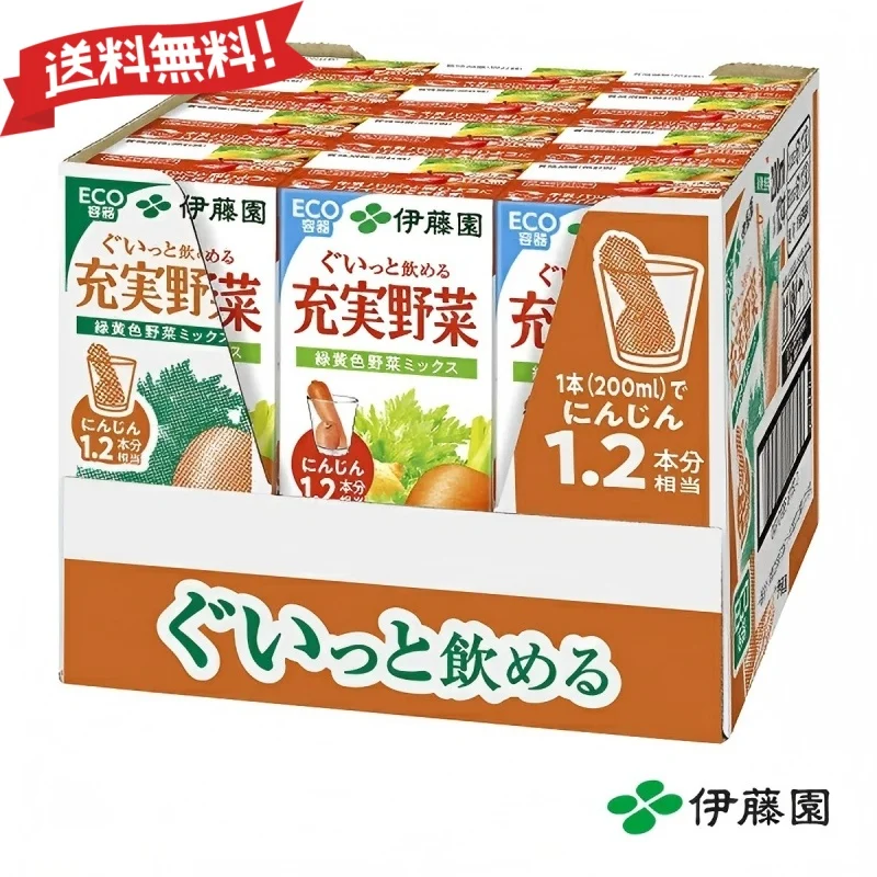 伊藤園 充実野菜 緑黄色野菜ミックス 200ml  紙パック12本/24本 1ケース【送料無料】 １日分の鉄分 栄養機能食品