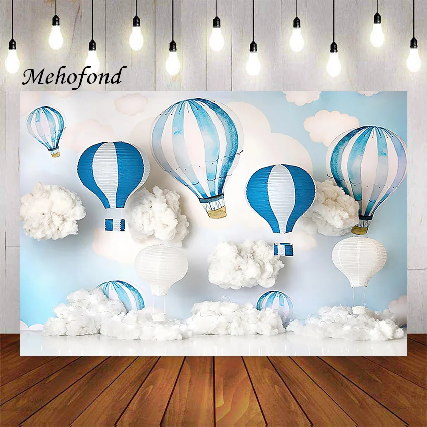 Mehofond التصوير خلفية بالون الهواء الساخن سحابة بيضاء الطفل الصبي 1st حفلة عيد ميلاد كعكة سحق ديكور خلفية استوديو الصور