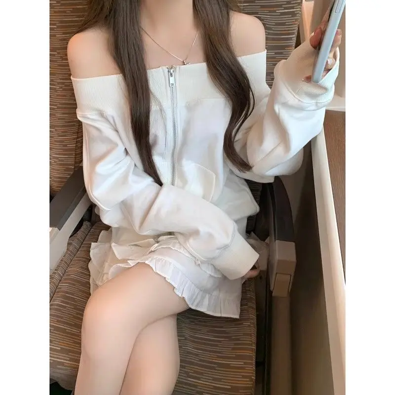 American Punk Y2k One Off Shoulder Jacket Women Vintage Preppy Style Hot Girl Coat Spring New Fashion Slim Zipper Cardigan 2026