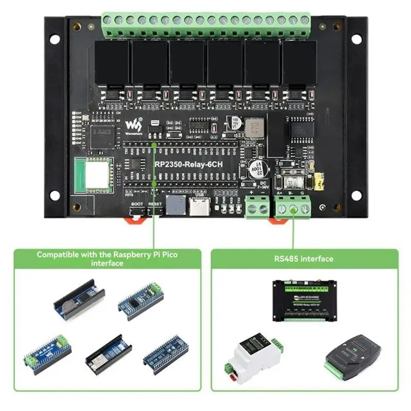 Waveshare For Raspberry Pi Pico 2 RP2350 6-Channel Relay Controller With WIFI Functionality RS485 Isolation Protection