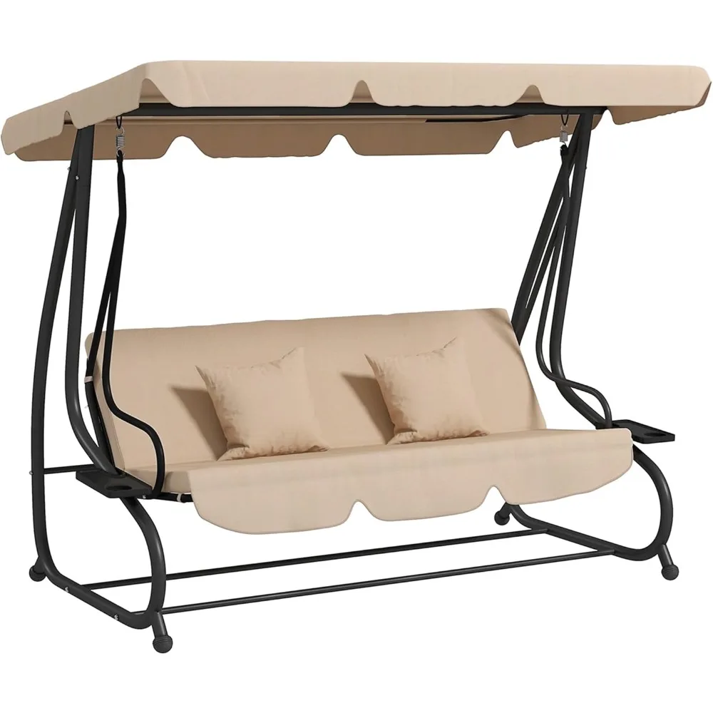 

3-seat Outdoor Patio Swing Chair, Converting Flatbed, Outdoor Swing Glider With Adjustable Canopy, Removable Cushion