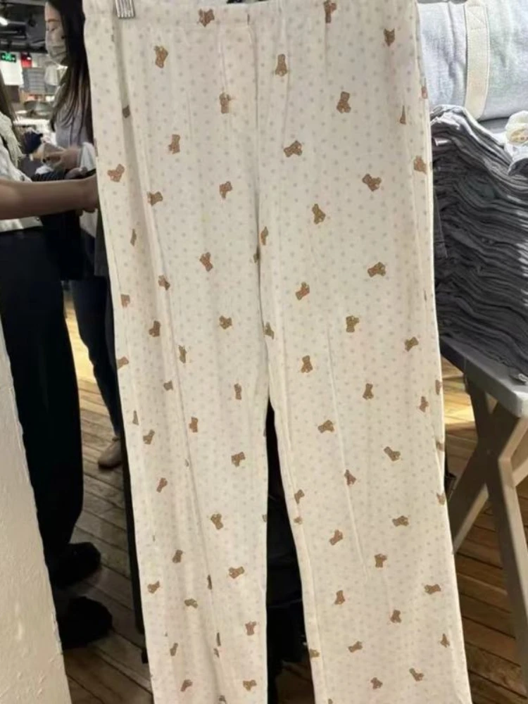 Sweet Women Beige Heart Bear Printed Pants 2024 Fashion Summer Ladies Elastic Waist Chic Pants Female Soft Straight Long Pants