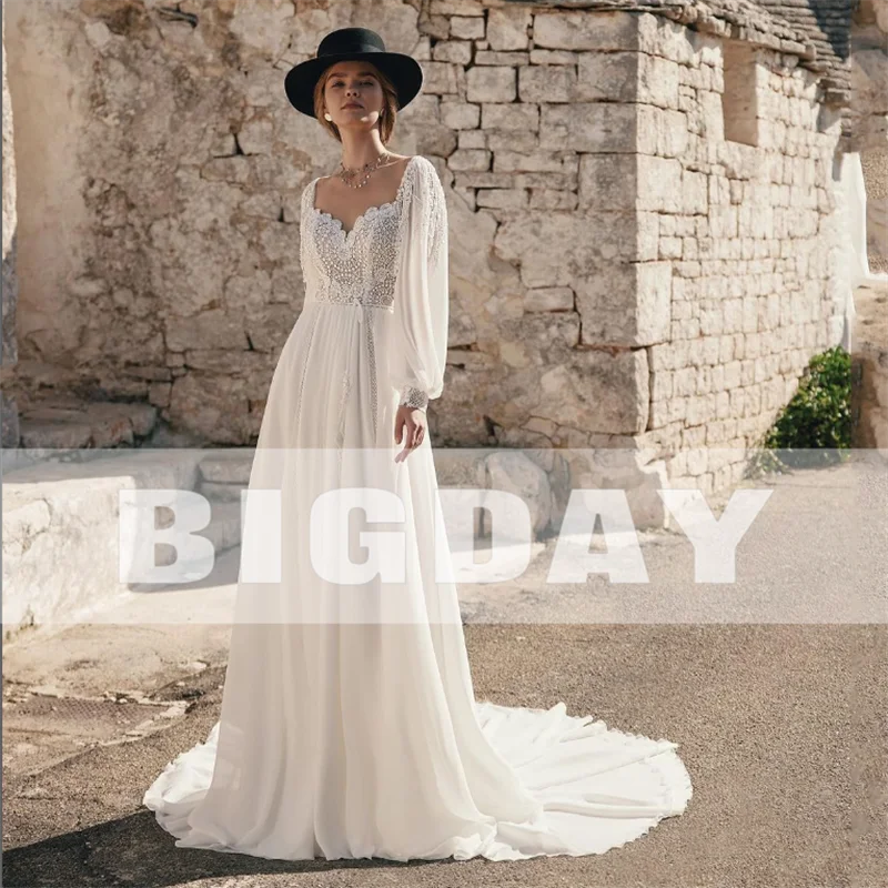 Elegant A-Line Wedding Dresses Long Puff Sleeve Lace Sweetheart Open Back Pleat Bridal Gown Train Vestidos De Noiva Customized