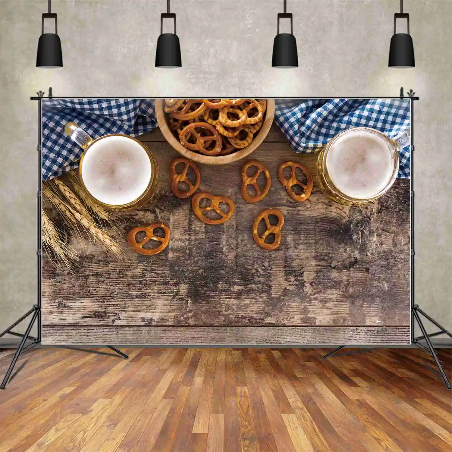 MOON.QG Backdrop Oktoberfest Beer Festival Party Props Background Wheat Glass Bagel Check Blue Cloth Wood Board Wall Photo Booth