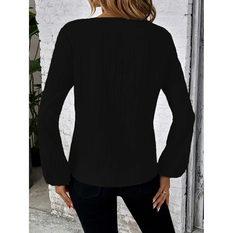 Fashionable and Versatile Temperament Women's Clothing Autumn and Winter New Stripe V-neck Long Sleeved Solid Color Pullover