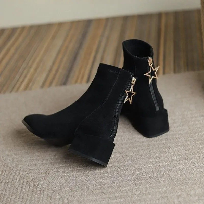 Booties Black Women\'s Ankle Boots Work Elegant with Medium Heels Short Shoes for Woman Suede Sale Gyaru Spring Autumn Footwear