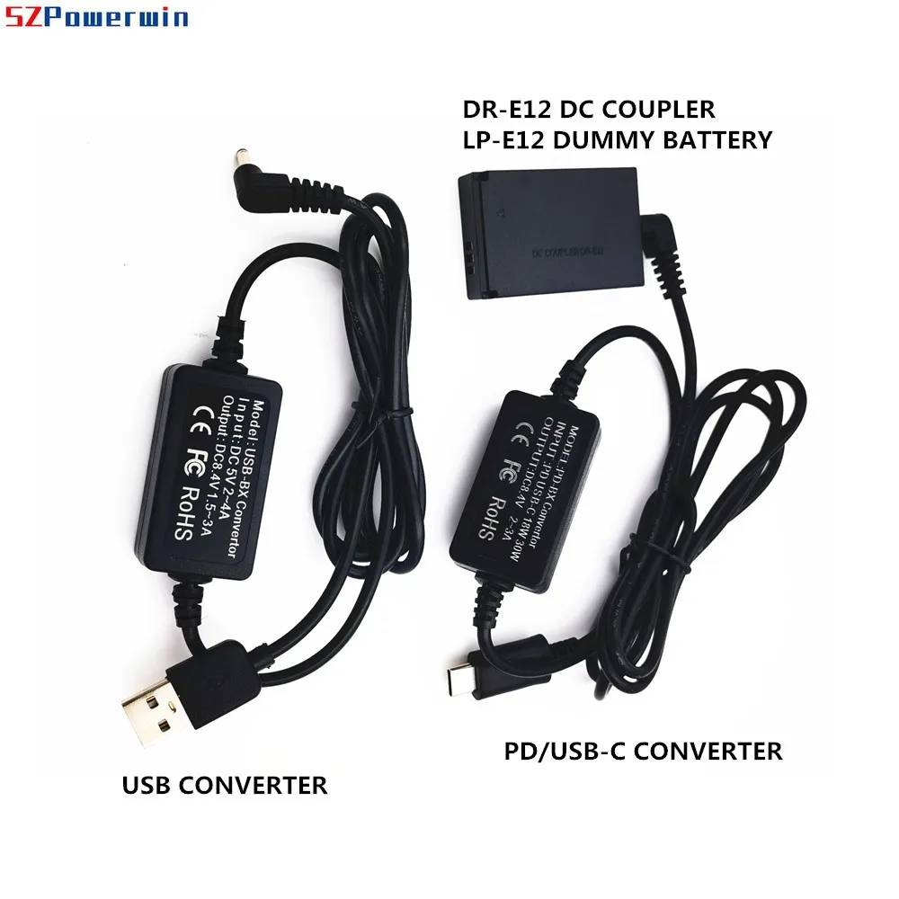 Power Bank สาย USB + USB-C PD Converter + DR-E12 DR E12 DC Coupler LP E12 Dummy แบตเตอรี่สําหรับ Canon EOS-M M2 M10 M50 M100 กล้อง