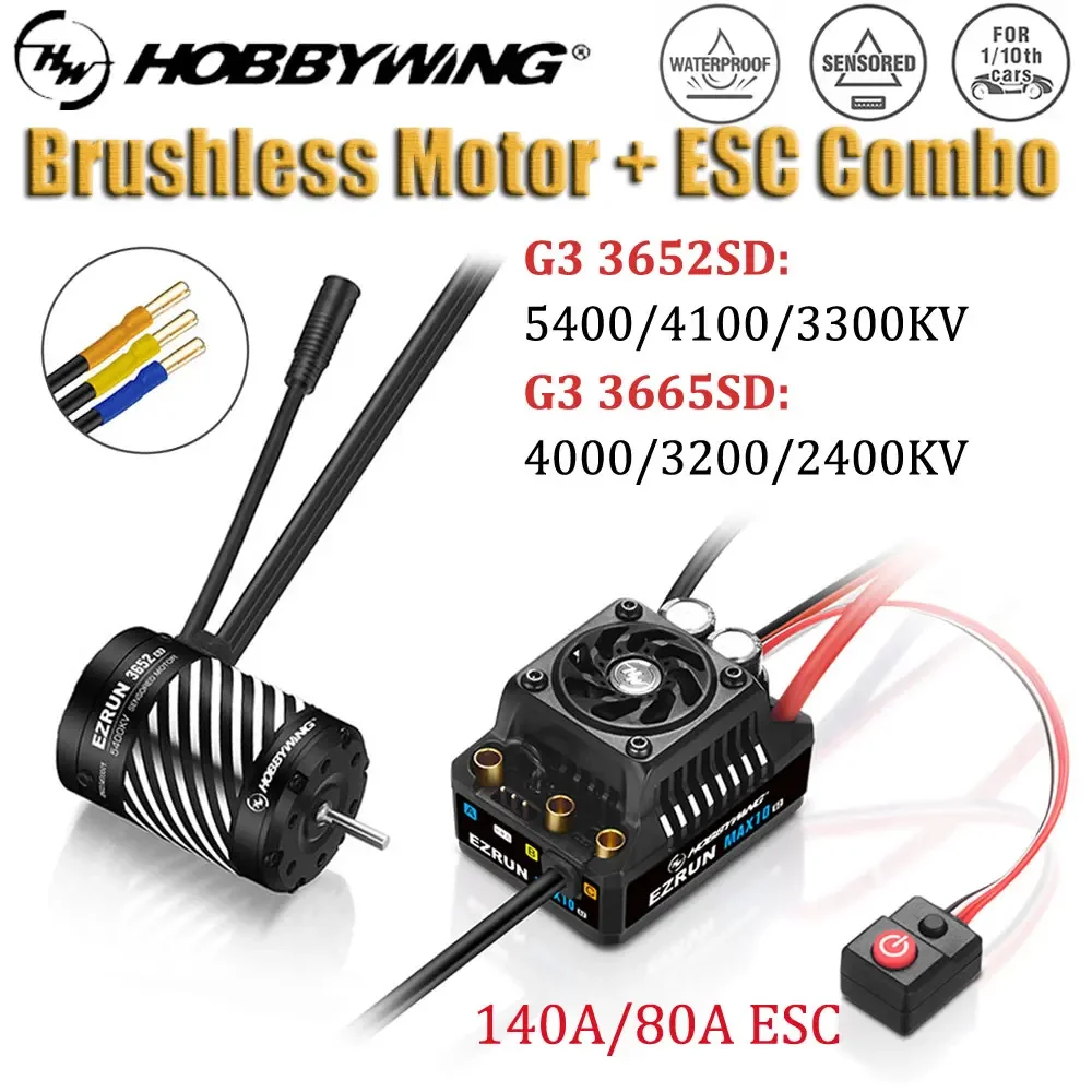 UniFlyHOBBYWING EZRUN MAX10 G2 Sensored Brushless ESC Motor Combo 80A/140A 3652/3665 For 1/10 RC On-Road Off-Road Buggy Truck Ca
