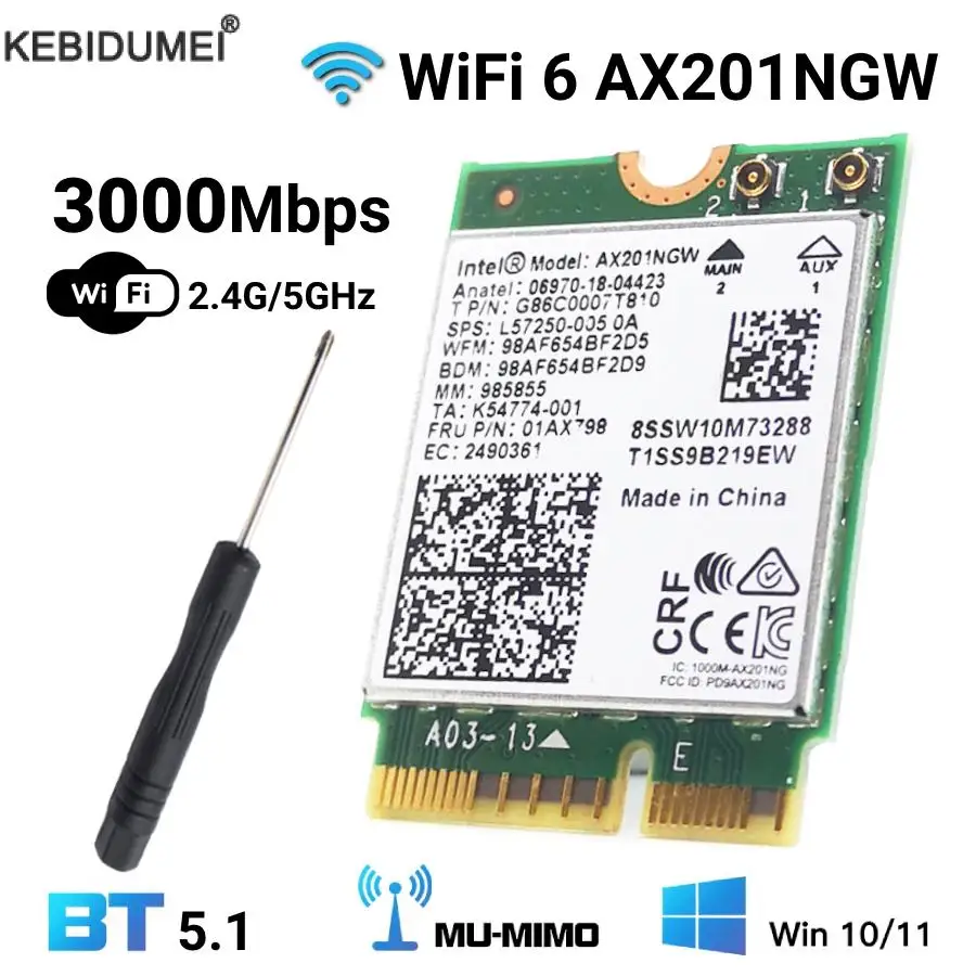 WiFi 6 Card AX201NGW 3000Mbps 2.4G/5G M.2 CNVio2 Wireless Network Card For Bluetooth 5.1 802.11AX For Laptop PC Win 10/11