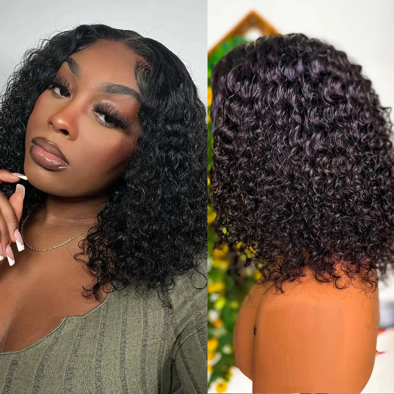 Short Bob Kinky Curly 4x1 1x4 T Part Lace Wig Human Hair Wigs Brazilian Lace Wigs Pre Plucked 150% Curly Bob Wig 8-16\