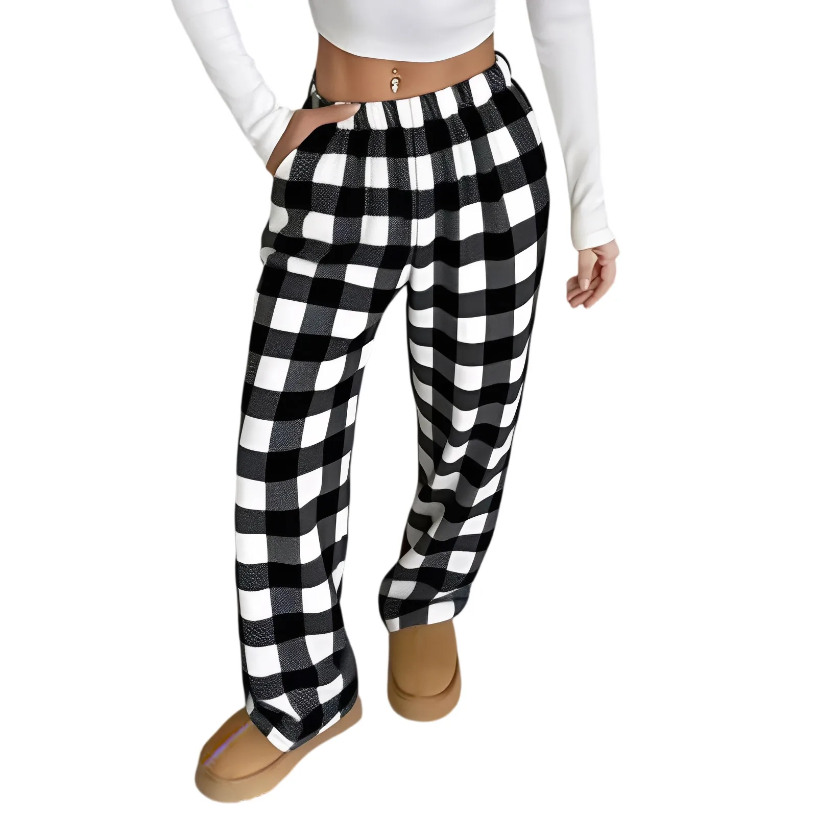 

Women'S Pajama Pants Plush Soft Stretch Waistband Pajama Pants Checkered Double-Pocket Pajama Pants Casual Trousers Winter