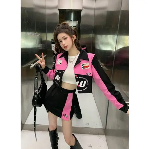 Y2K vintage sweet cool wind motorcycle suit women's short print baseball uniform + skirt skirt hip skirt sexy wear two-piece set