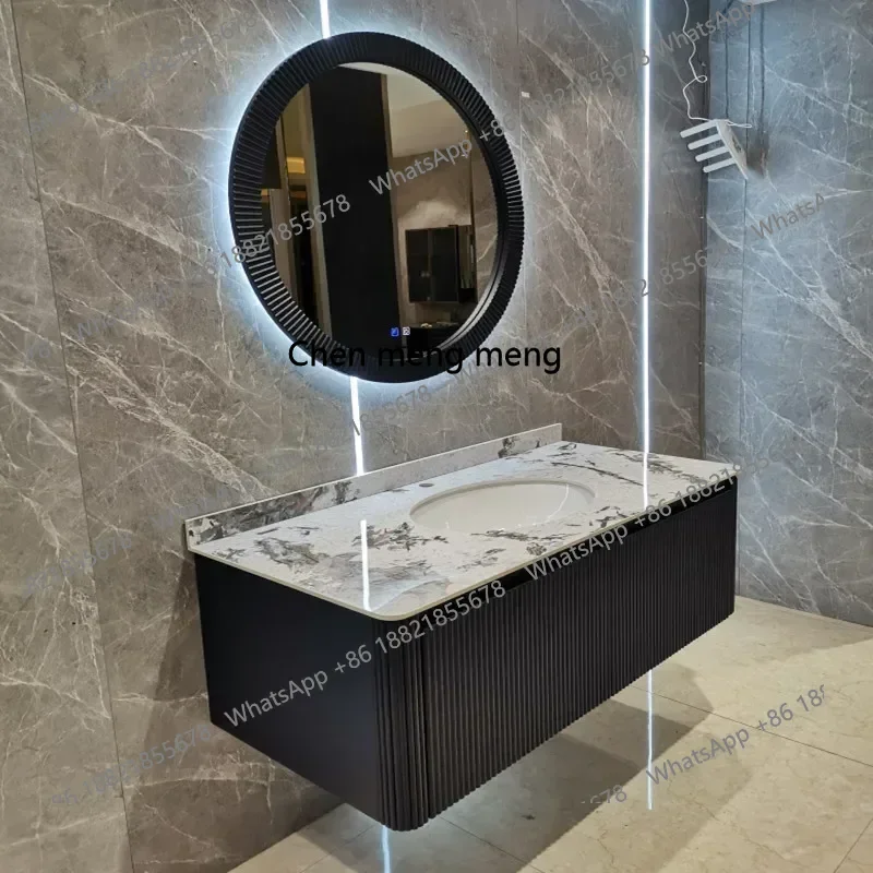 

D178 French bathroom cabinet combination wash basin oak light luxury seamless splicing rock slab integrated basin