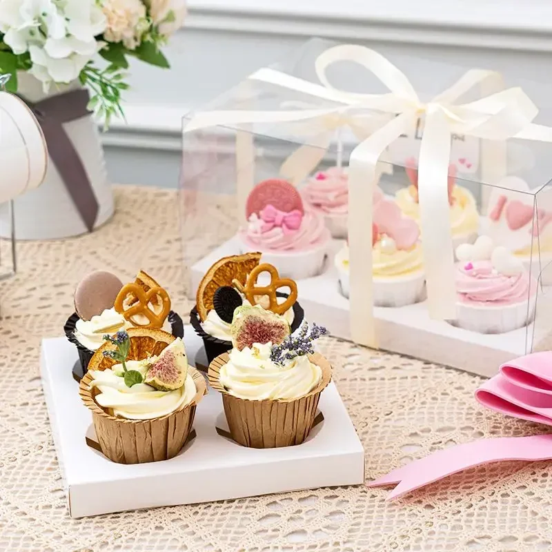 10 Sets of 2/4/6/12 Cupcake Boxes Fully Transparent Food Grade Pastry Package Products Black White High Dessert Packaging Box