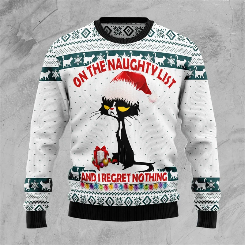 

Cute Cat Pattern Ugly Christmas Sweater For Men Autumn Winter Crew Neck 3D Printed Holiday Sweatshirts Loose Breathable Pullover