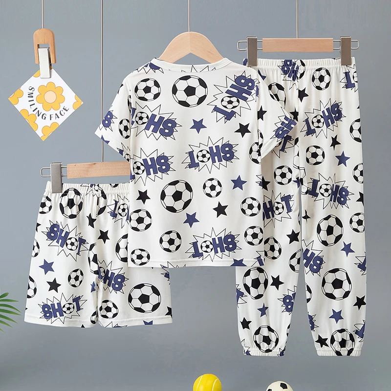 3-teiliges Set aus Sommer-Kurzarmshirts, Shorts und Hosen für Jungen und Mädchen, bunter, lässiger, bedruckter, süßer Anzug – Detail 2
