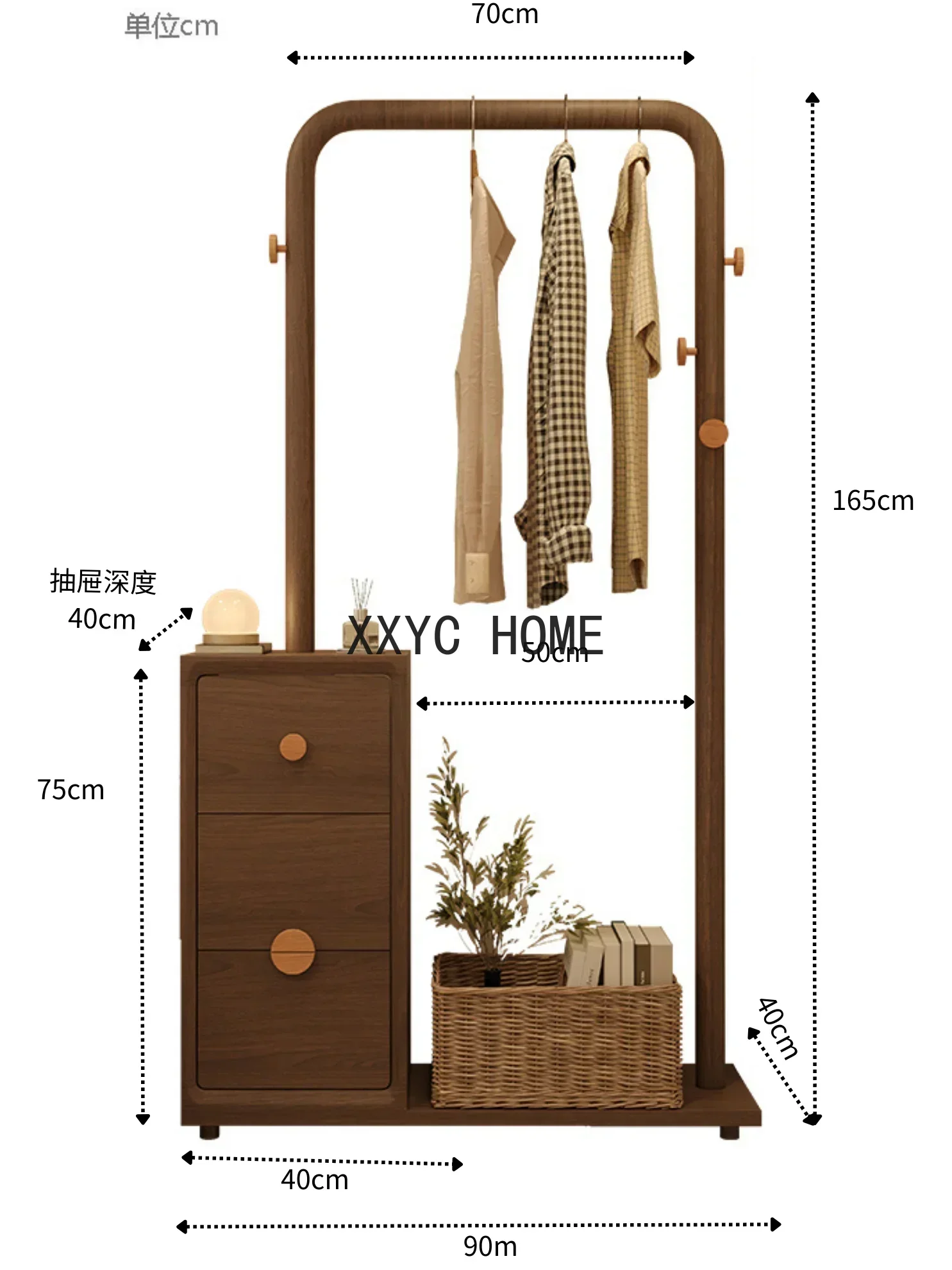 Mesita de noche con perchero de piso a techo de nogal negro