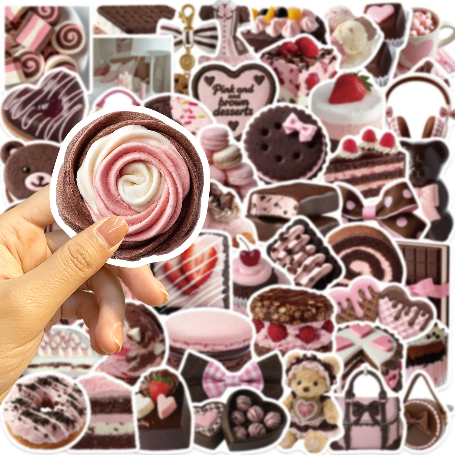 50 PCS Ins Style Cartoon Pink Brown Dessert Food Stickers Decorate Fridge Cabinet Lunch Box Water Cup Phone Case Removable Decal view 2
