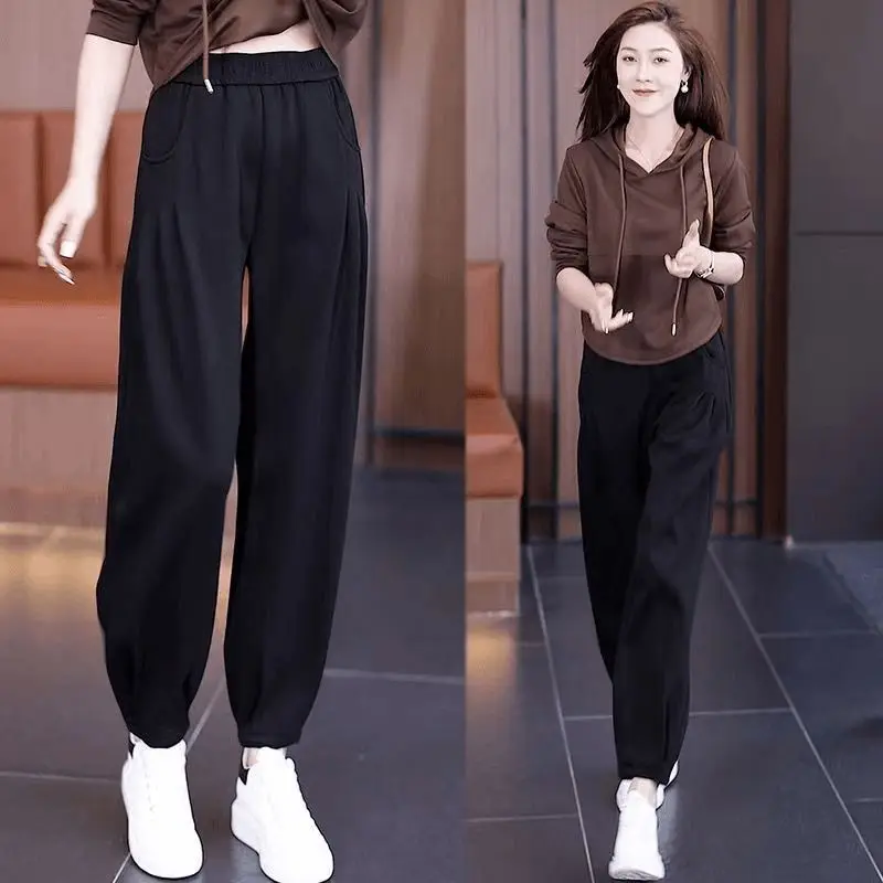 

Elastic Haren Pants for Women in Plus Size New High Waisted Loose Fit Slimming Fashionable Casual Pants Ankle Tied Sports Pants