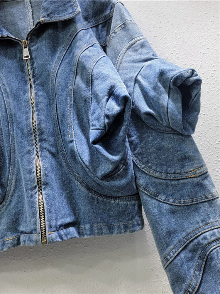 DEAT Trendy Womebn\'s 3D Puff Long Sleeves Design Denim Coat 2024 Autumn Fashion New Items Lapel Zipper Jacket Female 11A0645