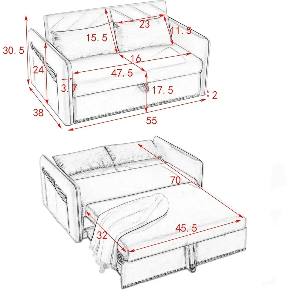 Sleeper Sofa Bed w/USB Port, Convertible Upholstered Velvet Loveseat Sofa w/Pull Out Bed,  with Adjustable Backrest