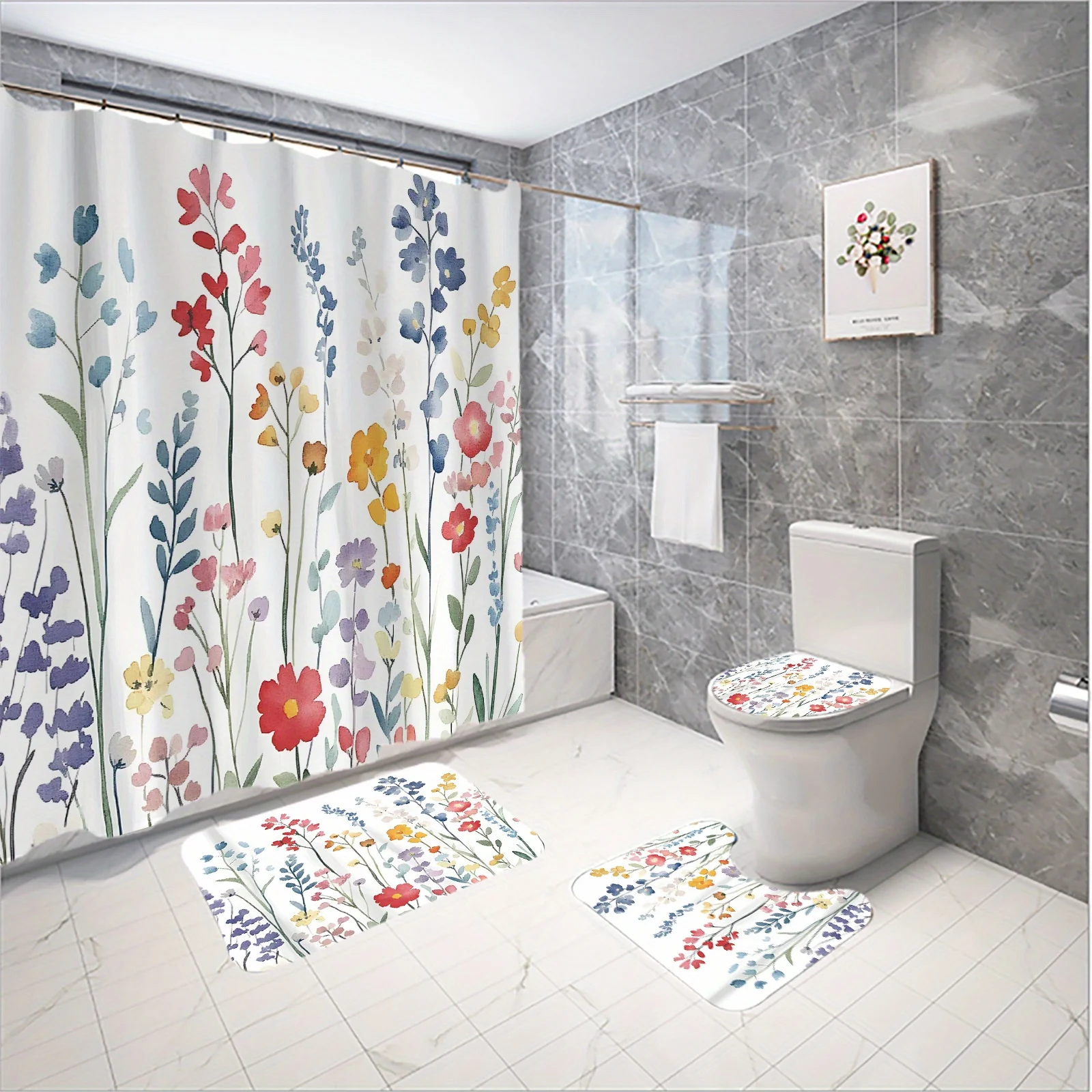 Watercolor Floral Bathroom Set: Shower Curtain, Mat, Towel, Toilet Cover - 4Pcs Waterproof Decor for a Vibrant Bath Experience