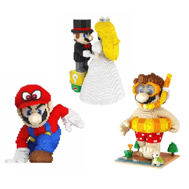 Mario Bros Micro Building Blocks Marry Peach Beach Super Mario Figure Scene DIY Assembly Puzzle Mini Bricks Toys for Kid Gift