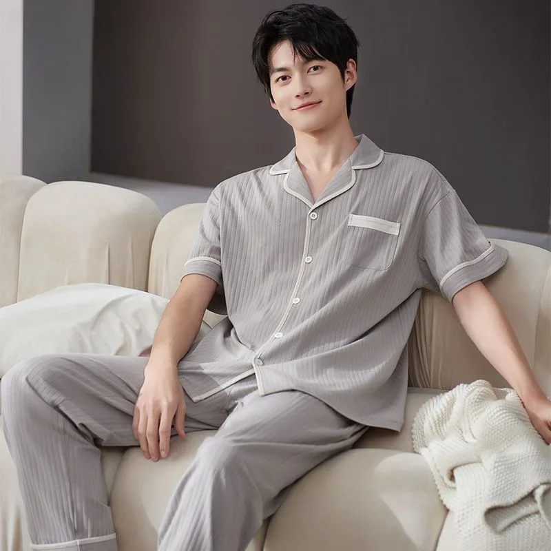 Spring and Summer Pure Cotton Short-sleeved Trousers New Style Loungewear Extra Large Can Be Worn Outside Gentleman Pajamas