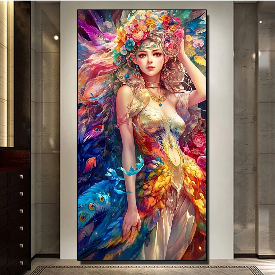 Large Peacock Feathers Woman Diamond Painting New 2023 5d DIY Full Diamond Mosaic Crystal Embroidery Home Decoration H440