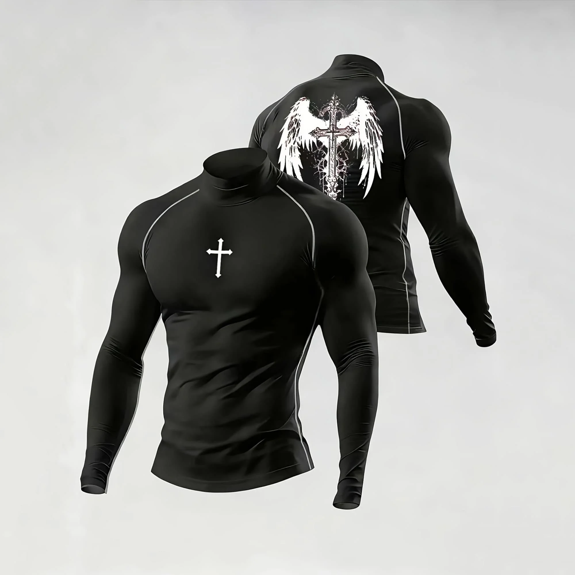 Herren Rollkragen Slim Fit Langarmshirt mit Frontkreuz- und Rückenflügelkreuz-Motiv, Figurbetontes Basic-T-Shirt – Detail 2