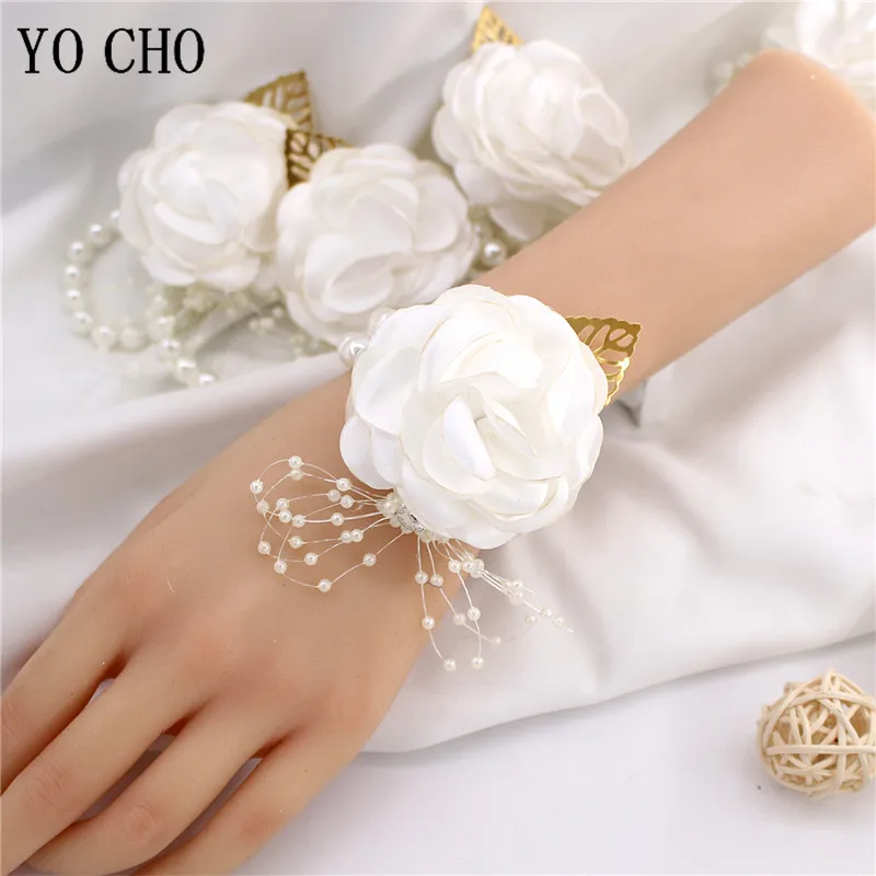 Mädchen Brautjungfer Handgelenk Blume Hochzeit Abschluss ball Party Bouton niere Seide Rose Perle Armband Armband Hand Blumen Hochzeit Zubehör – Detail 12