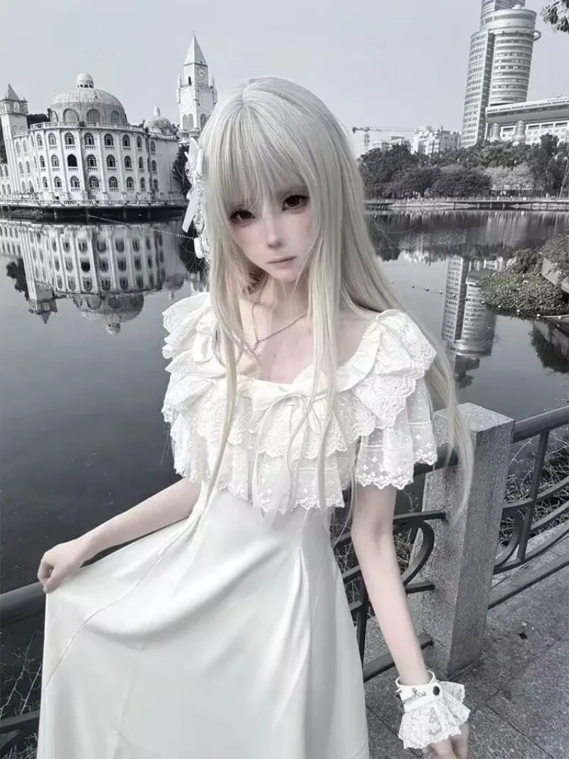 

Sweet Japanese Retro Waist Cinching Summer New Bow Lace Dress Slim Temperament Long Dresses for Women 2025 Women Clothing