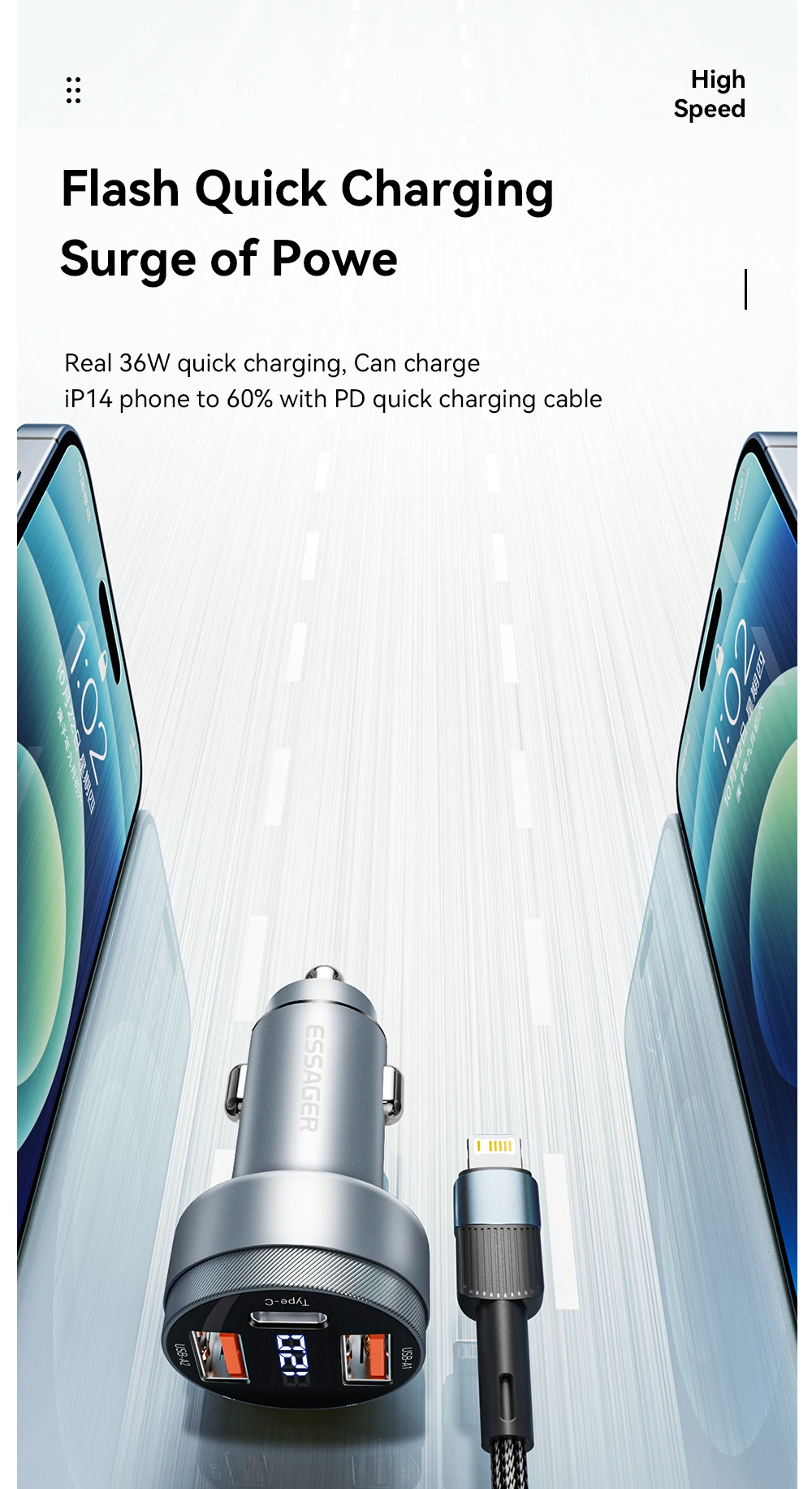Essage 80W Car Charger USB Type C Dual Port USB Phone Charger PD Fast Charging For iPhone 13 Xiaomi Samsung iPad Laptops Tablets