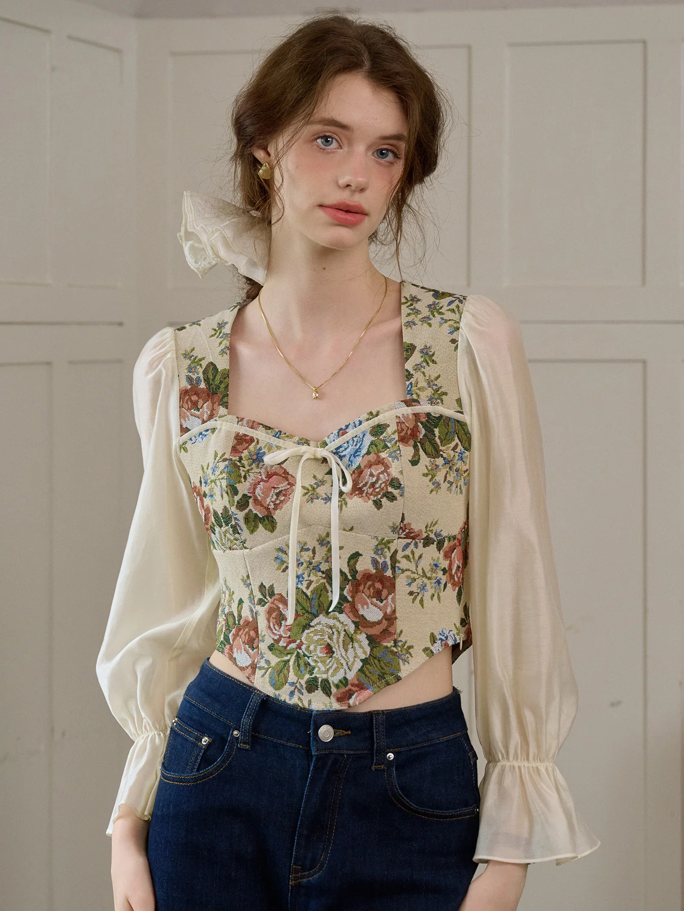 

Simple Retro 80% polyester 20% Cotton Square Neck Tie Wallpaper Flower Women's Casual Shirt