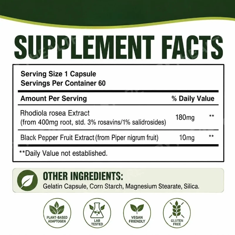 Googeer Rhodiola Rosea Capsules 400mg Root Equivalent with Black Pepper Extract 60 Count Botanical Daily Wellness Supplement