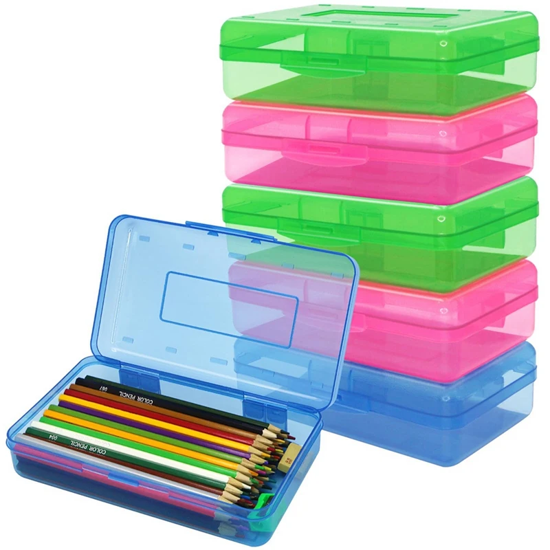 6 Pack Assorted Colors Plastic Pencil Boxes Case Bulk Bulk Capacity Pencil Box Clear Pencil Case With Lid Snap Closure