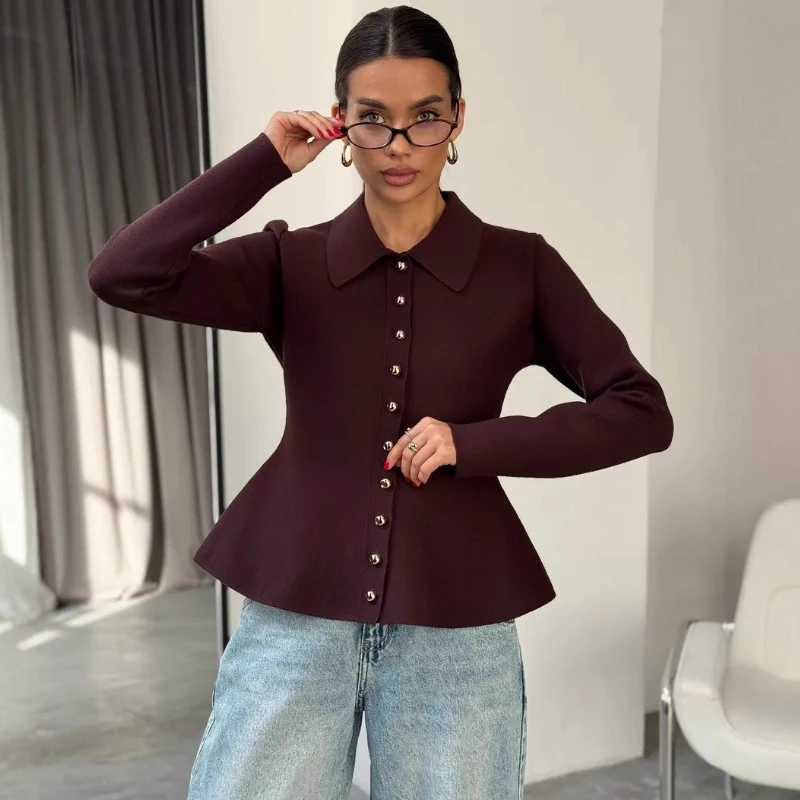 TARUXY-suéter tejido con solapa para mujer, moda con dobladillo acampanado, manga larga, un solo pecho, suéter de punto ajustado para ocio, abrigo para mujer de otoño