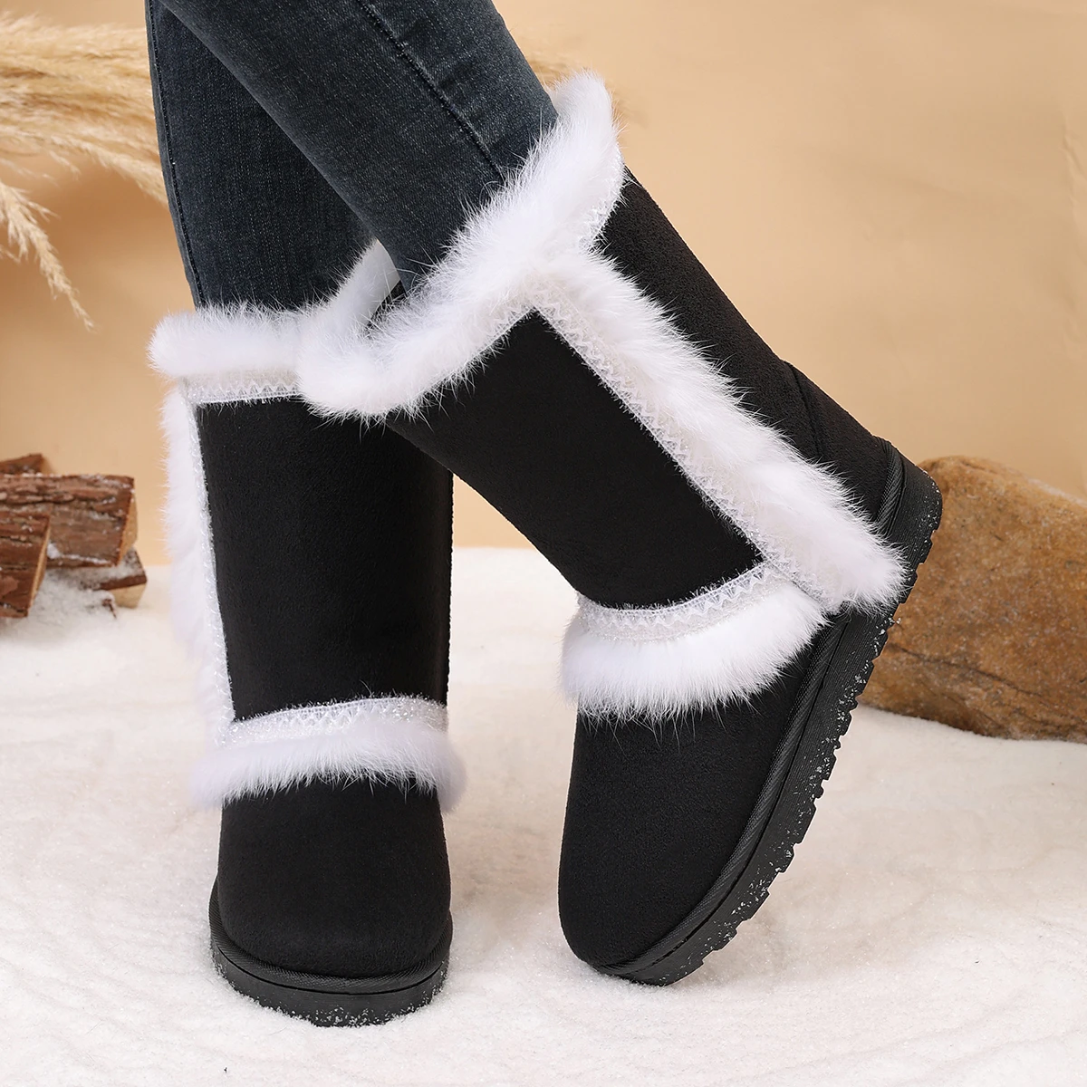 Elegante Winterstiefel mit Rundem Zeh, Sexy, Rutschfest, Lässig, Mittellang, Modisch, Neu, Bequem, Große Größen, Damenstiefel – Detail 4