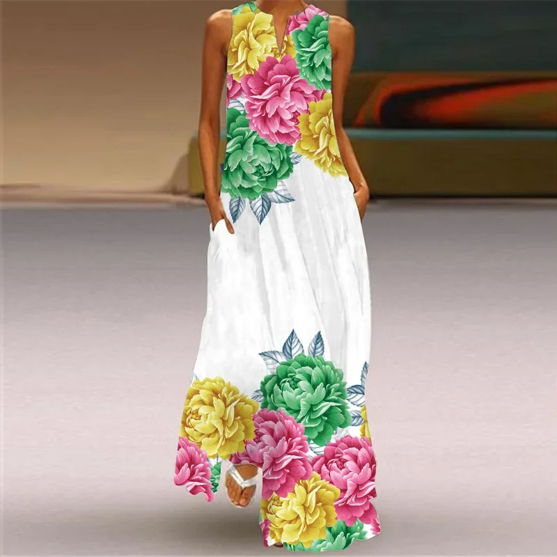 Fashionable And Elegant 3D Colorful Flower Print Party Maxi Dress For Summer V-neck Elegant And Sexy A-line Beach Maxi Dress