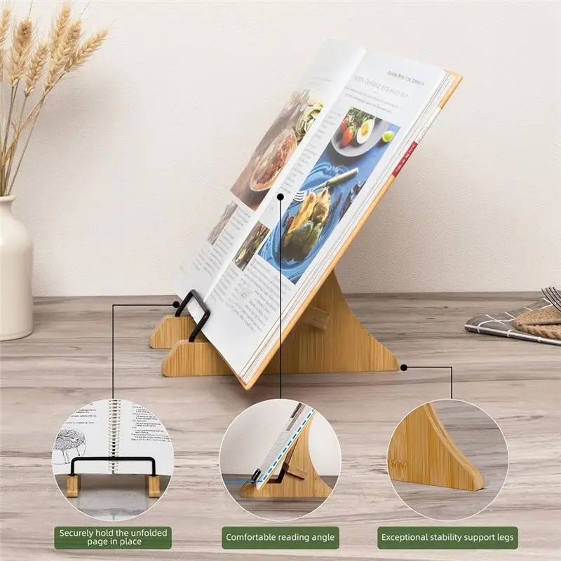 ABUN Bamboo Cookbook Stand for Kitchen Counter, Recipe Book Holder with Metal Support, Easy Assembly, Durable Cook Book Holder