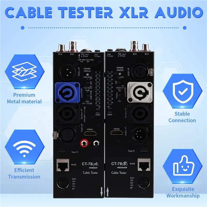 A31T Audio Cable Tester CT78 XLR RJ45 RJ11 BNC 3.5mm 6.35mm Automatic Detection Continuity Break