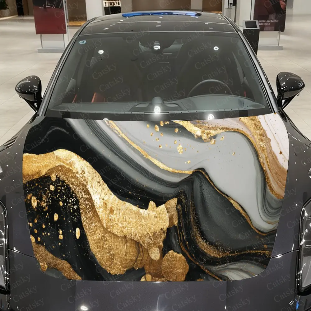 

Black and Gold Wave Pattern Auto Hood Sticker, Car Cover Decal, Waterproof and Self-adhesive Auto Vinyl Wraps, Fashionable Car E