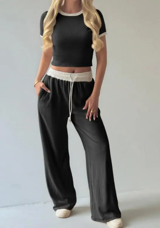 

2025 Autumn/winter Sports Women's Short Sleeved T-Shirt Vest Casual Pants Set