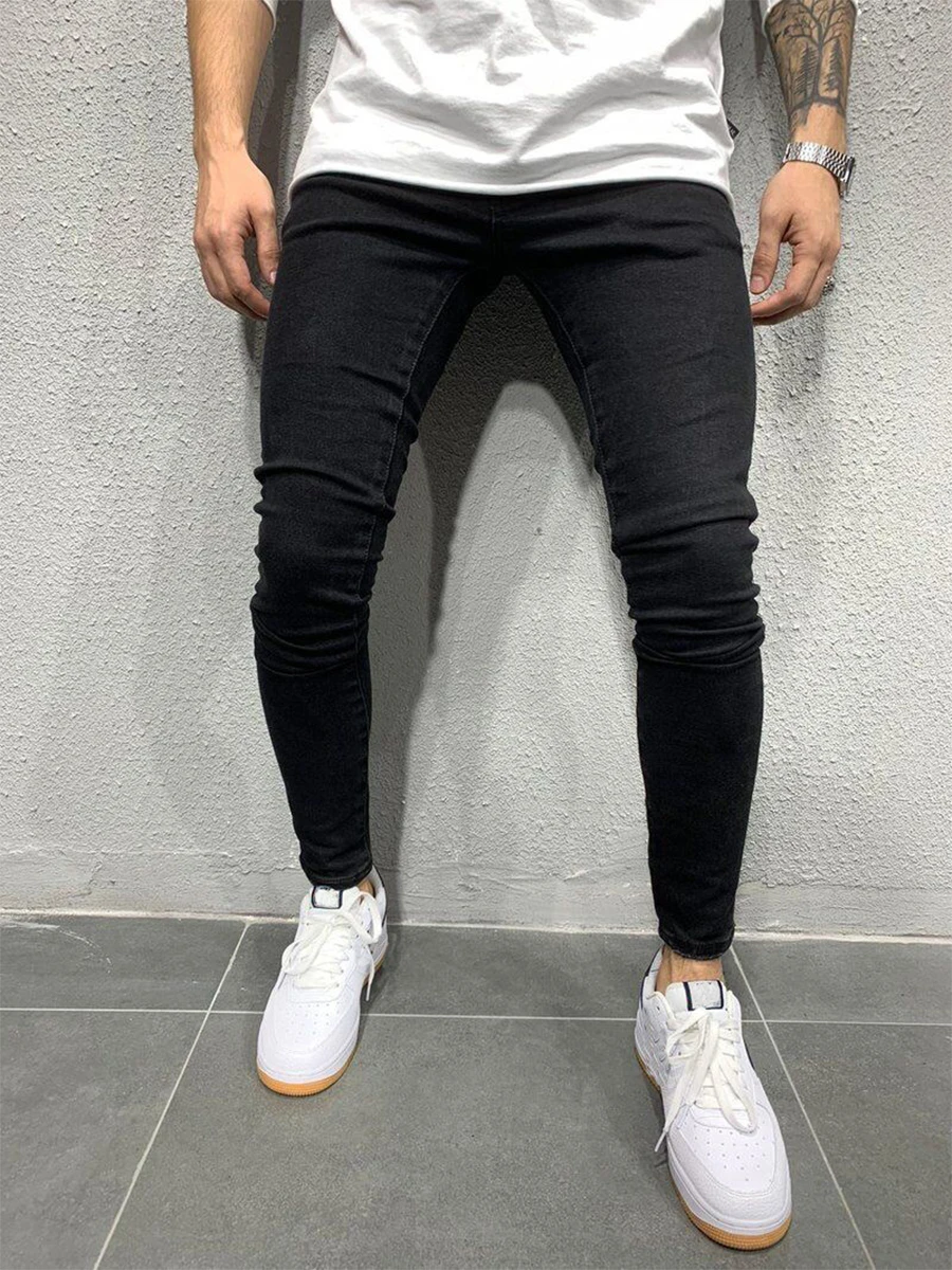 Calça casual diária masculina, jeans skinny stretch, roupa de motocicleta masculina, monocromática, rua, primavera e outono, 4 cores, 2024