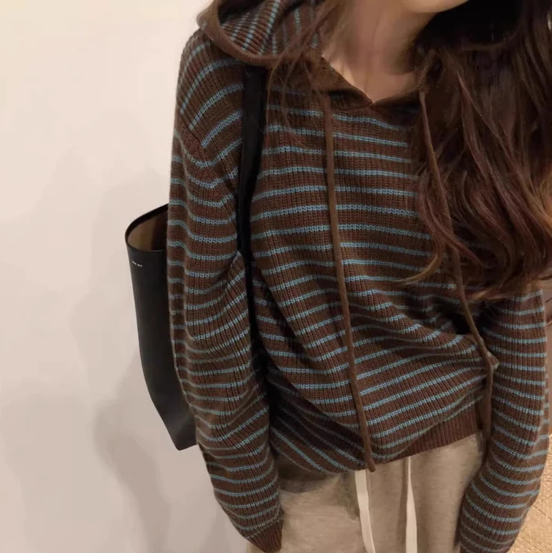 Autumn Winter Stripe Hooded Sweater Coat Women New Loose Soft Drawstring Knitted Hoodies Vintage Warm Female Streetwear