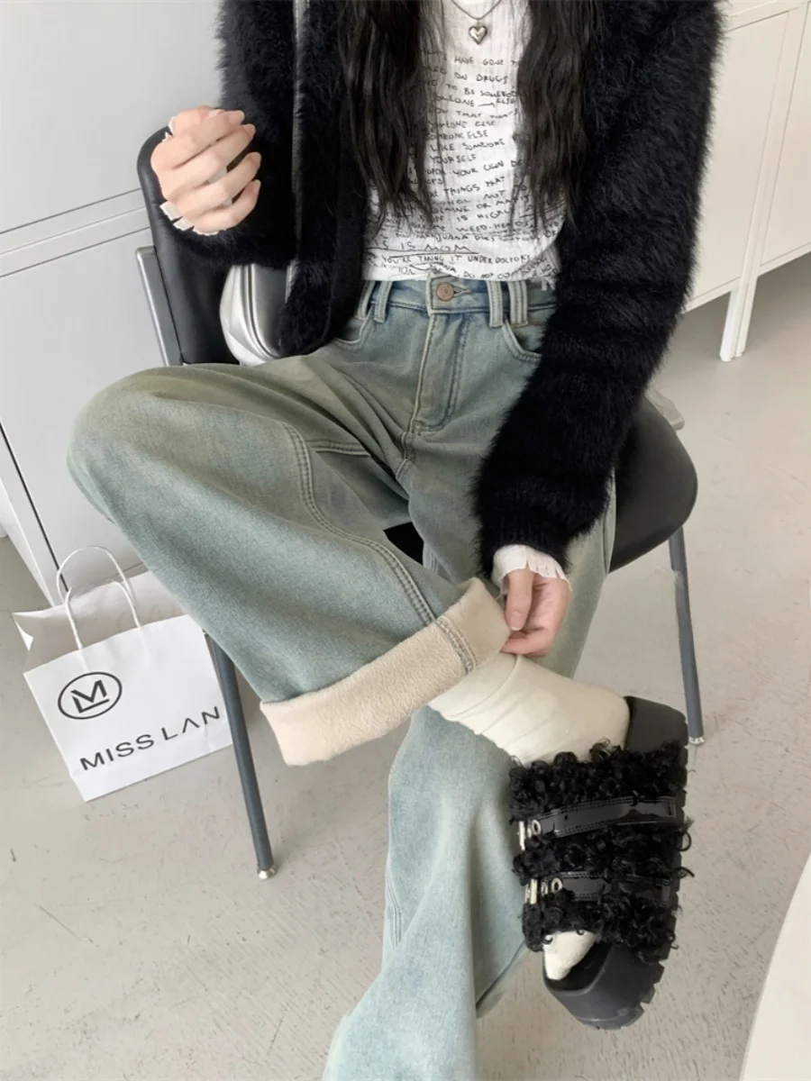 

Утепленные джинсы Fce с широкими штанинами, высокой талией, прямого кроя, женские, зимние, больших размеров, стройнящие, свободного кроя, синие джинсовые брюки