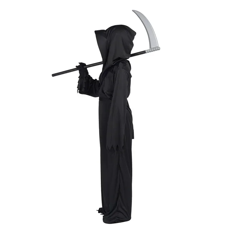 3-12Y Scary Grim Reaper Costume Black Robe Glowing Red Eye Mask Halloween Sickle Chain Terrifying Cosplay Outfit for Boys Girls