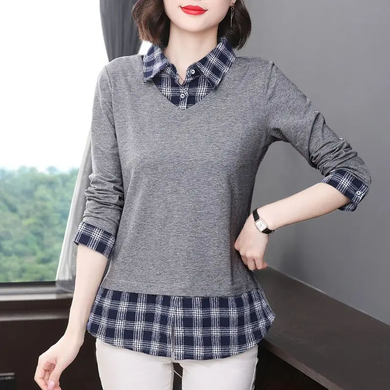 Women\'s Clothing T-shirt Polo-Neck Long Sleeve Spring Autumn Fake Two Pieces Office Lady Elegant Plaid Button Spliced Pullovers