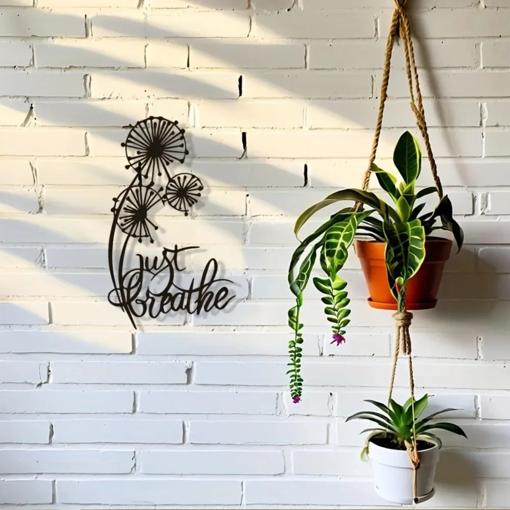 JUST BREATHE Dandelion Metal Wall Art, 2D Flat Black Decorative Plaque Inspirational Home Decor