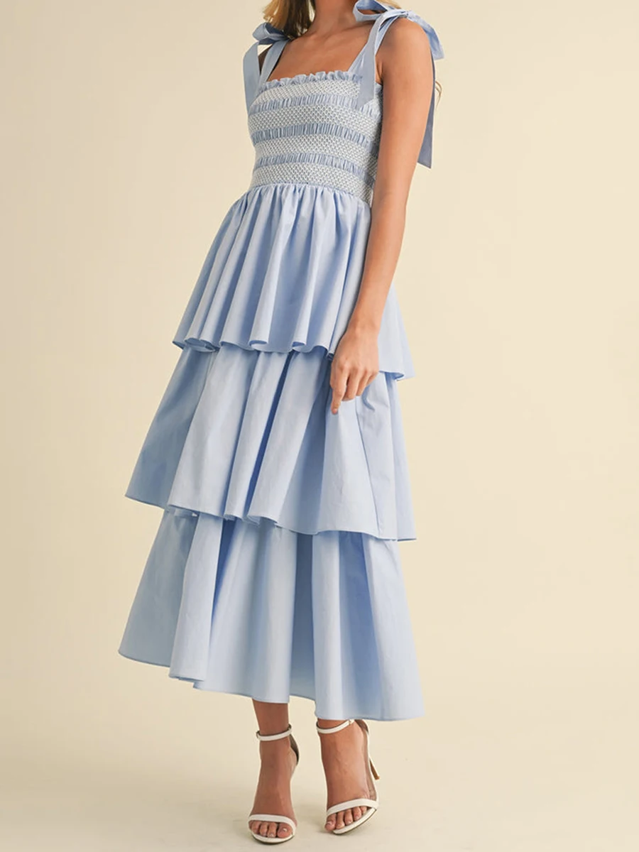 Abito da donna con spalline allacciate di nuova moda Abito estivo senza maniche con busto smock Abito con volant a strati Abito lungo fluido SML